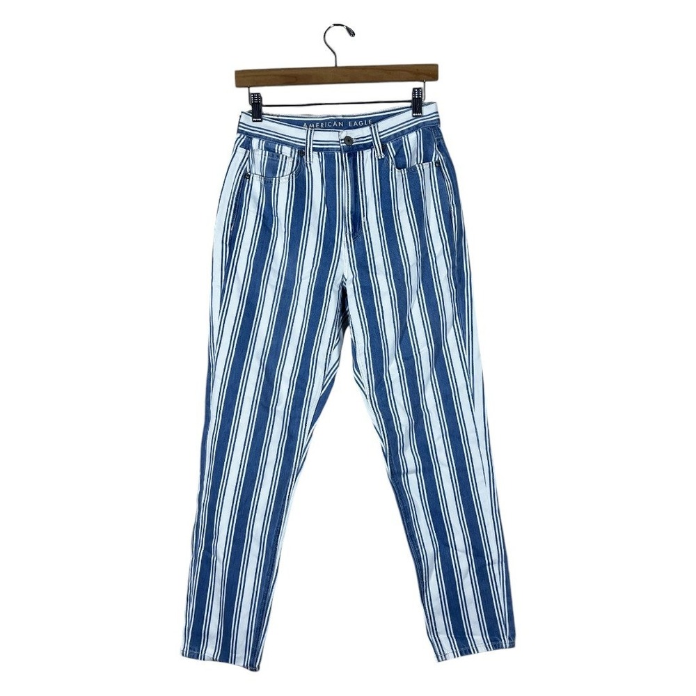 American Eagle Mom Jean Striped Denim Pants Blue White High Rise Tapered Size 2